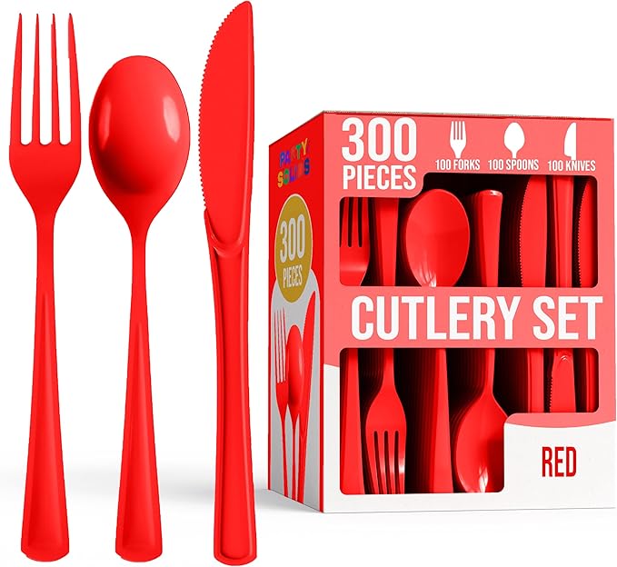 Party Solids Red Plastic Silverware Heavy Duty 300 Pieces Red Plastic Cutlery Sets, Utensil Sets, 100 Of Each Forks, Knives & Spoons Disposable Cutlery Set, Flatware Set For Party Supplies