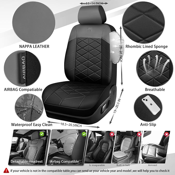 CAR PASS Memory Foam Leather Seat Covers Full Set, Breathable Perforated Nappa Leather Seat Covers Universal Fit for Cars,SUV,Truck Seat Covers Thick 3D Foam Comfortable, Airbag Compatible Black Gray