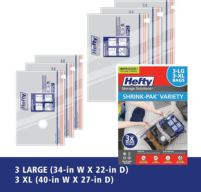 Hefty Shrink-Pak Vacuum Storage Bags - Space Saver for Under Bed Storage, Clothing and Comforters, Odor Resistant, 3X More Storage Space - 3 Large, 3 XL Bags