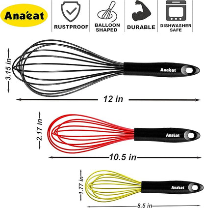 Anaeat Silicone Balloon Whisk, Perfect for Non-Stick Cookware, Milk and Egg Beater Blender, Heat Resistant Kitchen Whisks for Whisking, Cooking, Baking, Beating, Frothing & Stirring (Multicolor)