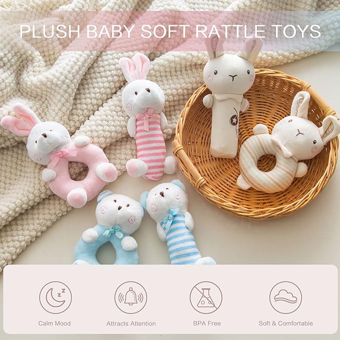 Plush Baby Soft Rattle Toys, Blue Bear Baby Rattles for Infants Baby First Stuffed Animal Plush Rattle Shaker Set for Newborns Soft Ring Rattle Sensory Toys for Infant Boys Girls Shower Gifts, 2 PCS
