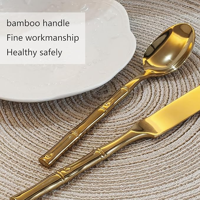 Gold 20-Piece Silverware Set, Bamboo Pattern Stainless Steel Flatware Set, Cutlery Set Mirror Polished, Dishwasher Safe, Service for 4