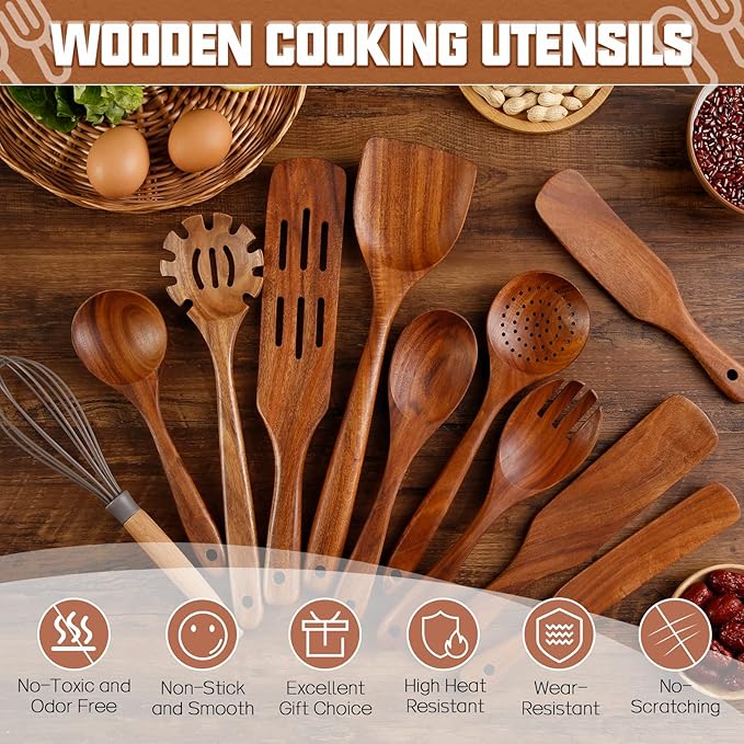 Wooden Spoons for Cooking 11Pcs Natural Acacia Wooden Kitchen Utensil Set