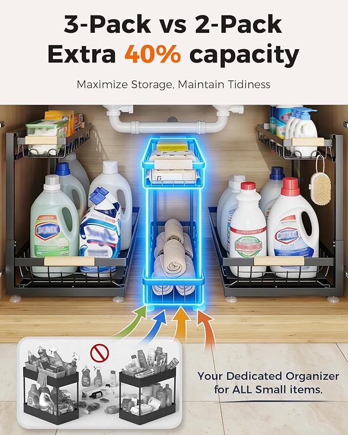 Sevenblue 3 Pack Under Sink Organizer, Height Adjustable 2 Tier Pull-Out Metal