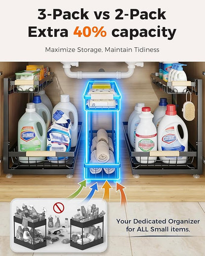 Sevenblue 3 Pack Under Sink Organizer, Height Adjustable 2 Tier Pull-Out Metal