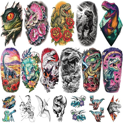 77PCS Dinosaur Temporary Tattoos for Kids Teens, 17PCS Half Sleeve Tyrannosaurus T-Rex Triceratops Pterosaur Kids Temporary Tattoos, 60PCS Raptor Fake Tattoos Stickers Cosplay Birthday Party Supplies