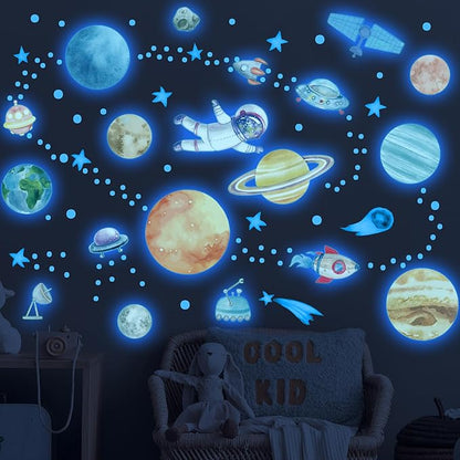 Watercolor Solar System Wall Decals, Glow in The Dark Stars, Kids Planets Sticker for Ceiling, Astronaut Wall Stickers for Bedroom, Blue