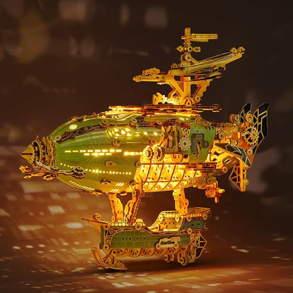 LED 3D Wood Puzzle Fantasy Airship Model - Steampunk DIY Craft Kit with LED Lights – Intricate Wooden Airship Model Building Set for Teens and Adults(Green)