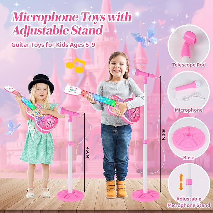Kids Guitar and Microphone Playset, Musical Guitar Play Set with Adjustable Stand,Toy Guitar Starter Kit with 4 Strings, Electric Guitar Karaoke Toys with Music Lights for Boys Girls