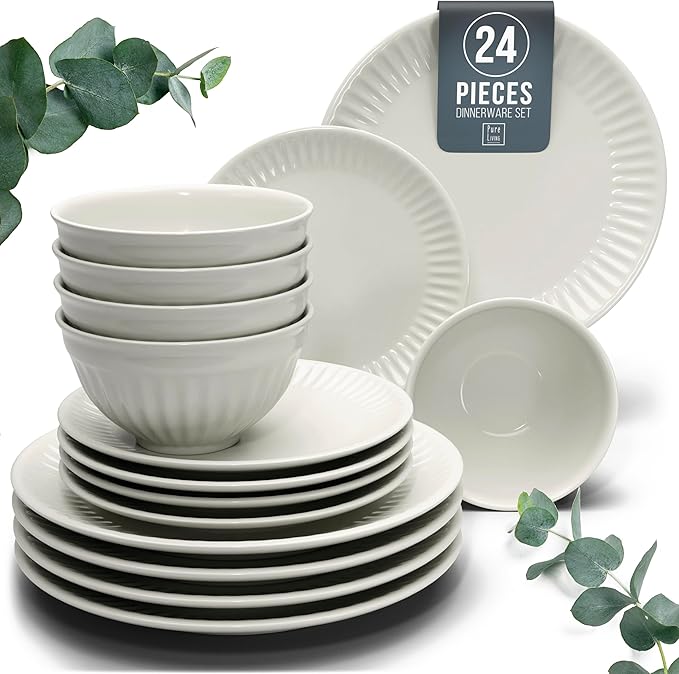Stoneware Dinnerware Set for 8 People HYGGE 24-Piece - Elegant Scandi Design - Premium Dish Set - Bowl and Plate Set - Tableware for 8 People in a Ribbed Design - Pure Living in Beige