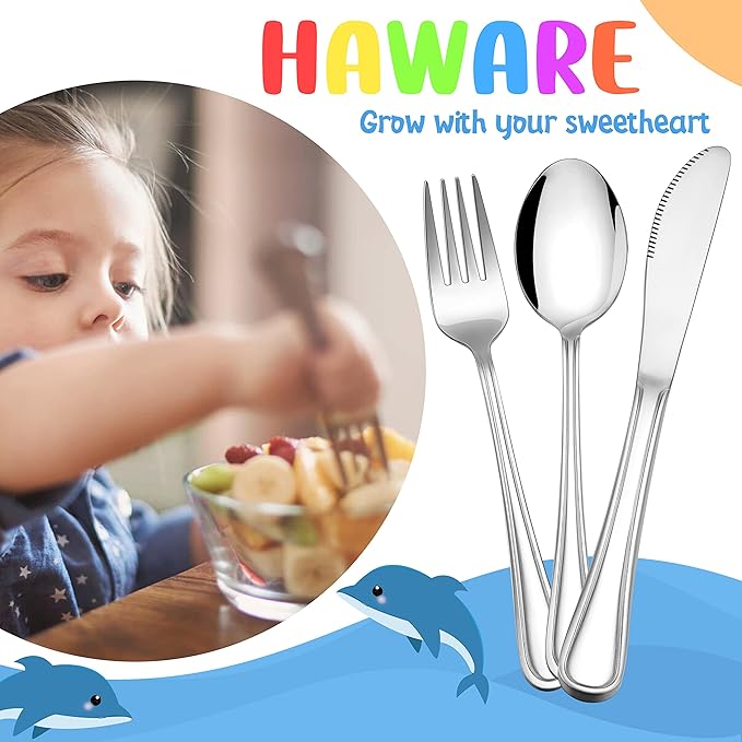 HaWare 12-Piece Kids Silverware, Stainless Steel Toddler Utensils Flatware Set, Preschooler Eating Utensils Includes 4 Spoons 4 Forks 4 Knives, Metal Children Cutlery for Home School, Mirror Finished