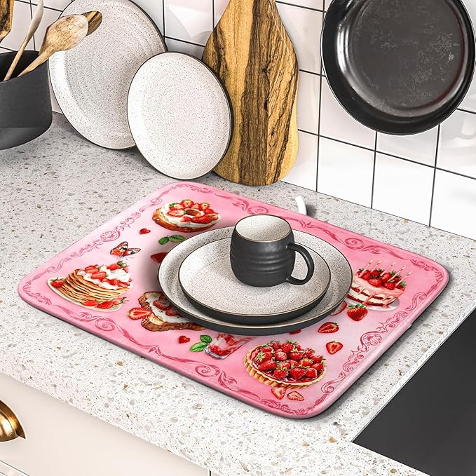 Pink Strawberry Dish Drying Mat