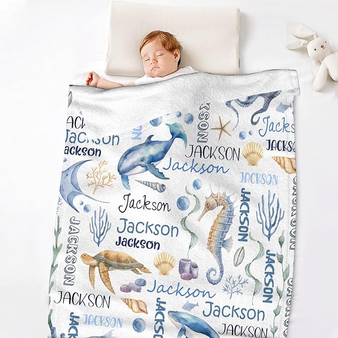 Personalized Baby Blanket for Girls Boys Kids Dolphins Turtles Custom Baby Blanket with Name Throw Birthday Gift for Toddlers Infants Shower Newborns Nursery Stroller Crib Bed Decor