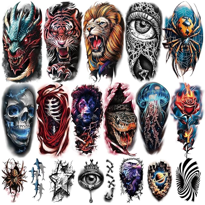 77 Sheets 3D Realistic Temporary Tattoos Adults Kids, Spider Skull Tiger Lion Dragon Snake Temporary Tattoos for Women Men, Half Arm 3D Halloween Temp Tattoos Body Shoulder Tatoos Waterproof