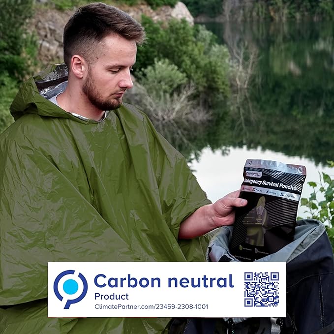 aZengear Emergency Survival Poncho (4pc) Thermal Mylar Foil Blanket for Heat Retention and Rain | Reversible with Hood | Waterproof, Windproof, Portable, Hands-Free, Outdoor Kit (Green)