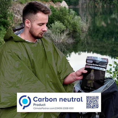 aZengear Emergency Survival Poncho (4pc) Thermal Mylar Foil Blanket for Heat Retention and Rain | Reversible with Hood | Waterproof, Windproof, Portable, Hands-Free, Outdoor Kit (Green)