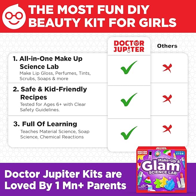 Doctor Jupiter Glam DIY Craft, Make-Up Kit for Girls Ages 6-8-12 | Lip Gloss, Bath Bomb, Perfume Making Kit with 50 Beauty Science Experiments | Birthday Gift Ideas for 6-7-8-9+ Year Old Girls