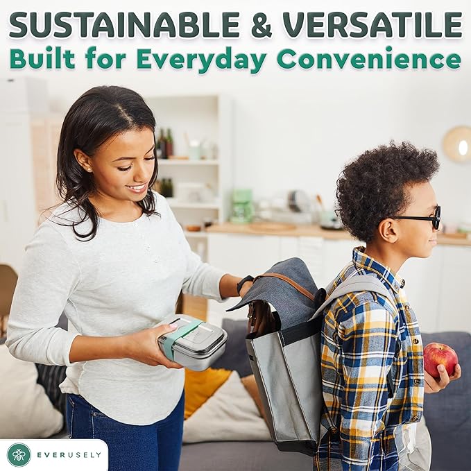 Everusely - Bento Box - Green, 27oz / 0.8 L - Stainless Steel Lunch Box with Leakproof Condiment Container - 3 Compartment Snack Organizer for On the Go Meals - Freezer & Dishwasher Safe