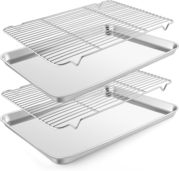 E-far Baking Sheet with Wire Rack, Large Stainless Steel Cookie Sheets Pan &