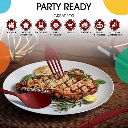 Party Solids Burgundy Plastic Silverware Heavy Duty 150 Pieces Burgundy Plastic Cutlery Sets, Utensil Sets, 50 Of Each Forks, Knives & Spoons Disposable Cutlery Set, Flatware Set For Party Supplies