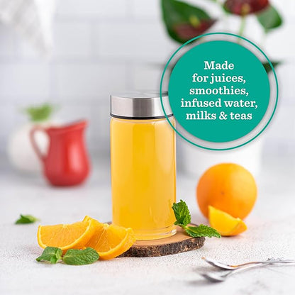 Juice Bottles - 4 Pack Wide Mouth Glass Bottles with Lids - for Juicing, Smoothies, Infused Water, Beverage Storage - 10oz, BPA Free, Stainless Steel Lids, Leakproof, Reusable, Borosilicate