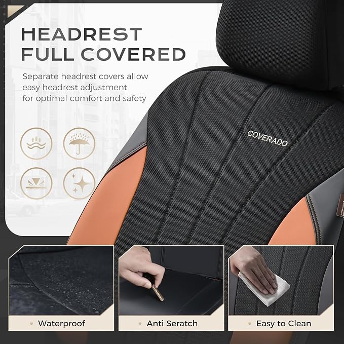 Coverado Seat Covers for Car, Leather Automotive Car Seat Covers 5 Seats, Mesh Breathable Auto Seat Protectors, Brown Seat Covers Universal Fit for SUV, Truck, Vans, Sedan