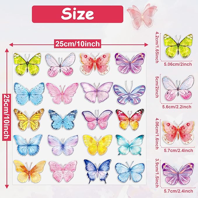 20PCS Butterfly Thick Gel Cling Spring Window Gel Clings Decals Stickers Butterfly Window Decorations for Kids Toddlers Home Airplane Classroom Nursery Spring Party Supplies Removable Reusable
