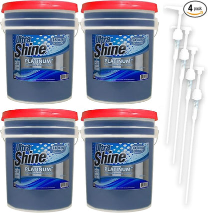 Ultra Shine 4 Pack 3X Platinum Bulk Dishwashing Liquid, Powerful Grease Remover, 5-Gallon - Concentrated Dish Cleaner Soap for Commercial Kitchens, Restaurants & Home Cleaning, Gentle on Hands & Skin