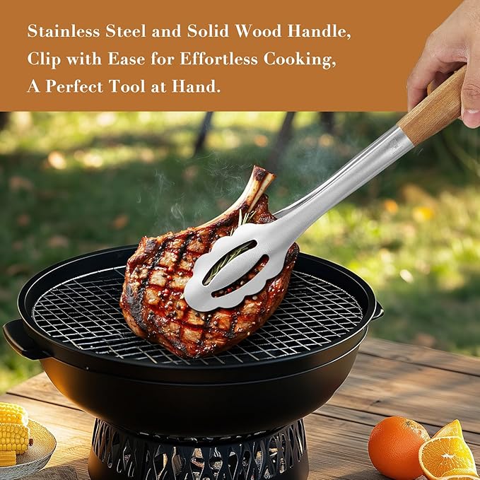 KULUNER Stainless Steel Barbecue Tongs with Solid Wood Handle, Kitchen Metal Locking Design, Extra Long 17.5 Inches 700 Degrees, Suitable for Food Cooking, Salad and Outdoor Grilling(Acacia)