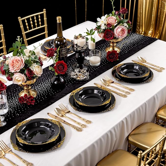 100PCS Black Plastic Bowls - 12 oz Black Gold Disposable Salad Bowls - Heavy Duty Soup Serving Bowl - Fancy Plastic Candy Bowl for Weddings, Parties, Dinners, Catering, Picnics, New Year Party