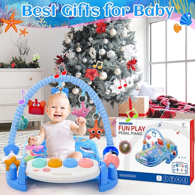 Baby Gyms Play Mats with Tummy Time Water Mat, Baby Activity Mat Play Piano Gym with 5 Sensory Toys for Babies, Music & Lights Boy & Girl Gifts for Newborn Babies 0-3 4-6 6-9 6-12 Months