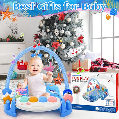 Baby Gyms Play Mats with Tummy Time Water Mat, Baby Activity Mat Play Piano Gym with 5 Sensory Toys for Babies, Music & Lights Boy & Girl Gifts for Newborn Babies 0-3 4-6 6-9 6-12 Months