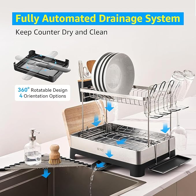 SUNLY 2 Tier Dish Drying Rack, Extra Large Dish Rack, 304 Stainless Steel