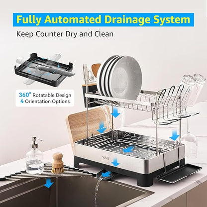 SUNLY 2 Tier Dish Drying Rack, Extra Large Dish Rack, 304 Stainless Steel