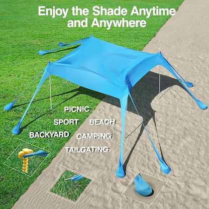 Rhino Valley Beach Tent Shade Canopy UPF50+ Protection, 8 Sandbags, 4 Stability Poles, Outdoor Sun Shelter Umbrella for Sand, Camping, Fishing Essentials