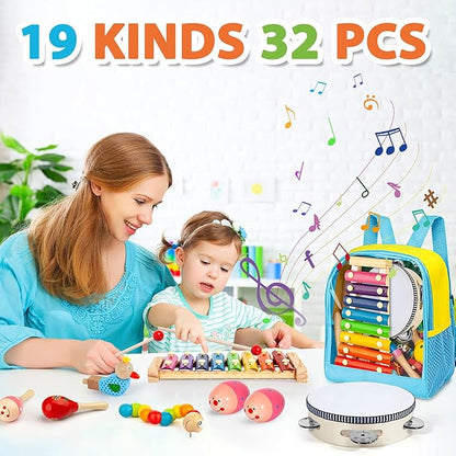 Toddler Musical Instruments Set, 32 PCS 19 Kinds Wooden Percussion Instruments Toys for Kids Playing Preschool Education, Early Learning Baby Musical Toys for Boys and Girls Gift