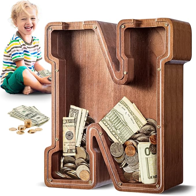 Summidate Large Wooden Piggy Bank for Kids Adults, Alphabets Letter A-Z Piggy Bank for Boys Girls, Coins Bills Change Bank Box Personalized Initial Name Kids Money Bank for Birthday Present and Decor