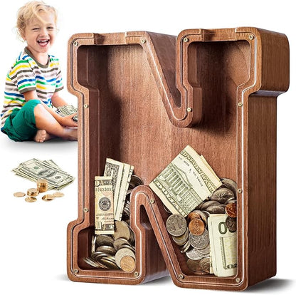 Summidate Large Wooden Piggy Bank for Kids Adults, Alphabets Letter A-Z Piggy Bank for Boys Girls, Coins Bills Change Bank Box Personalized Initial Name Kids Money Bank for Birthday Present and Decor
