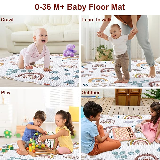 Boho Rainbow 50x50 Play Mat for Playpen, Washable Portable Baby Floor Playmat, Non Slip Foldabe Infant Crawling Mats, Tummy Time Mat Pad for Toddlers Baby Play Pen Mats for Home Or Travel