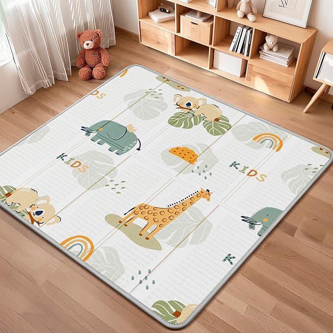 Foldable Baby Play Mat, Waterproof Playmats for Babies and Toddlers Kids, Safe Foam Playmat for Tummy Time, 50x50 Playpen Mat, Reversible Portable Baby Floor Mat for Infant, Toddler, Giraffe