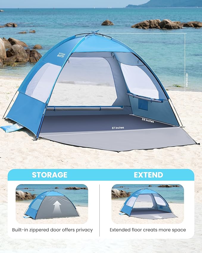 OutdoorMaster Beach Tent for 3/4 Person - Easy Setup Sun Shade Shelter, Portable Beach Shade Sun Canopy with UPF 50+ UV Protection, Removable Skylight Family Size