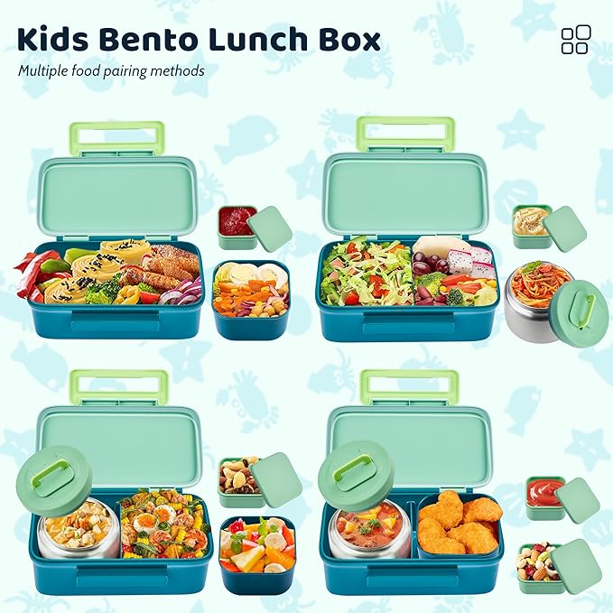 Lunch Box for Kids With 8oz Soup Thermo, Leak-proof Lunch Container with 2 Compartments, Thermo Food Jar Food Containers for Back to School Girls Boys (Green)