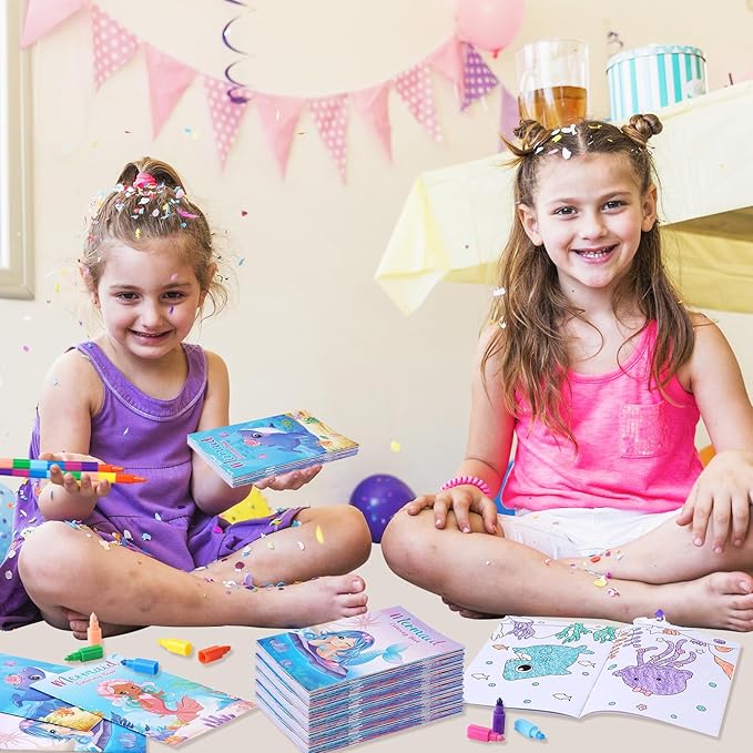 BenLouis 12 Mermaid Mini Coloring Books Kids with 12 Stacking Crayons Little Mermaid Theme Party Favors Small Activity Books Bulk for Kids Ocean Birthday Party Gift Goodie Bag Stuffers