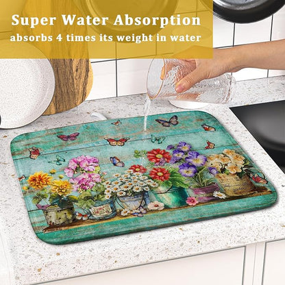 Flower Dish Drying Mat for Kitchen Counter 16x18 Inch Rustic Vintage Microfiber