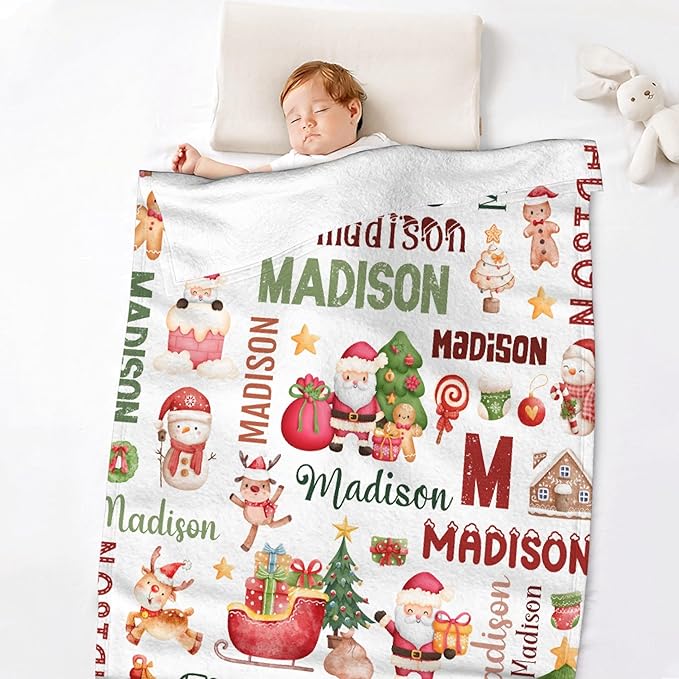 Personalized Baby Blanket for Girls Boys Kids Christmas Custom Baby Blanket with Name Throw Birthday Gift for Toddlers Infants Shower Newborns Nursery Stroller Crib Bed Decor