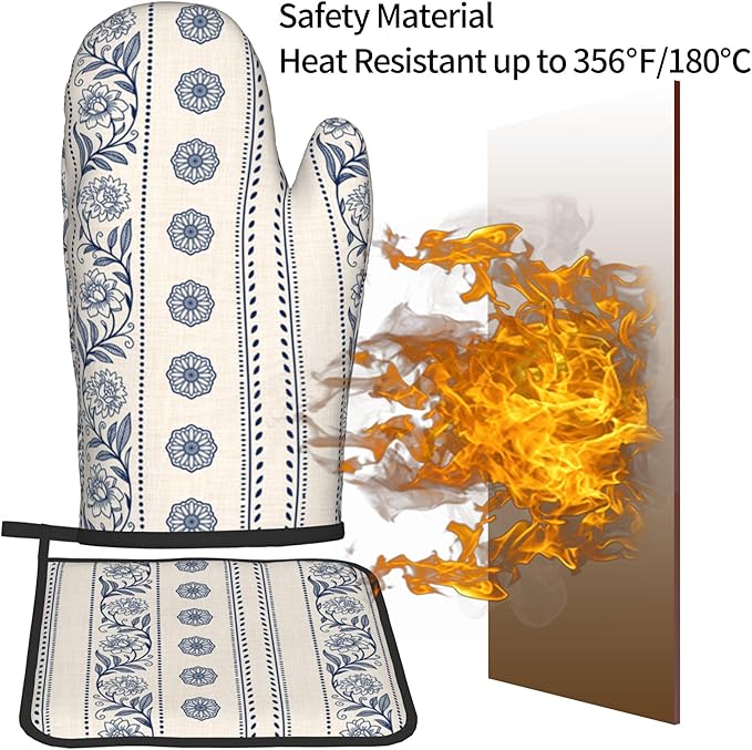 Boho Oven Mitts Set – Vintage Floral Pot Holders Kitchen Gloves