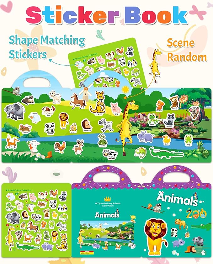 Benresive Reusable Sticker Book for Toddlers 2-4 Years, Fun Travel Stickers for Kids, Waterproof Sticker Books for Toddlers 1-3, Crafts Activities for Todddlers 1-3 2-4 3-5 - Animals Zoo