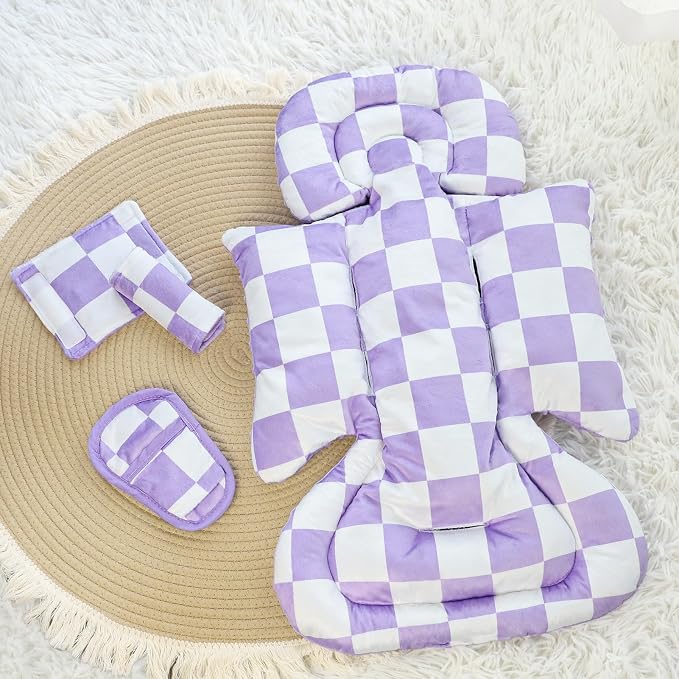 DILIMI Infant Car Seat Insert, Baby Car Seat Head Support with 3 Strap Paddings, Soft Newborn Car Seat Cushion for Stroller, Swing, Bouncers, Purple Checkered