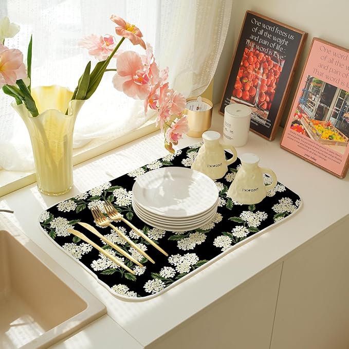 Black Dish Drying Mat 18x24 Inch Green Vintage Floral Hydrangea Flower Drying