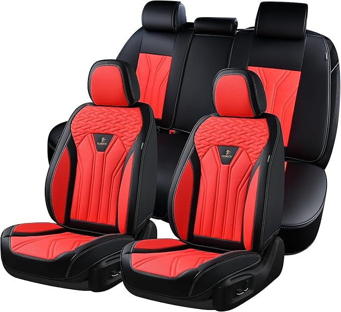 FLORICH Leather Seat Covers, Seat Covers Full Set, Car Seat Protectors 5 Seats,Automotive Seat Covers Fit for Most Cars Trucks-Black&Red